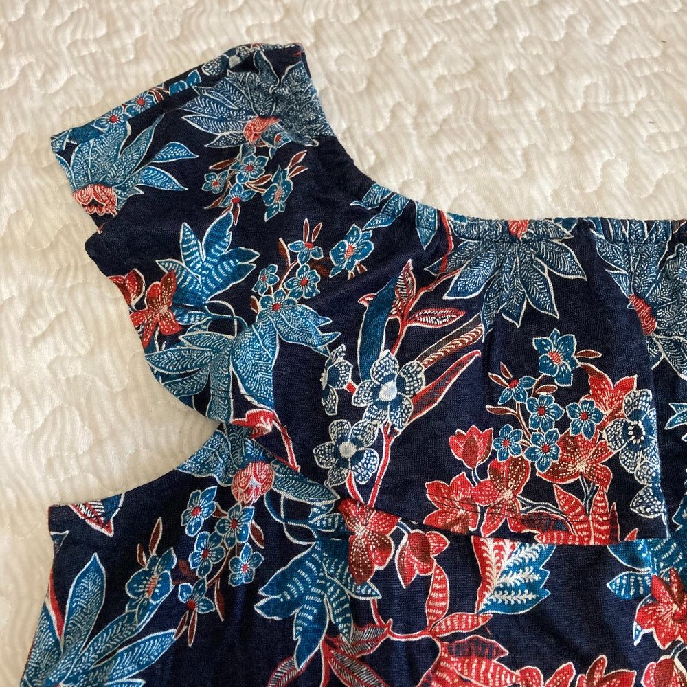 J Jill Sarasa Ruffled Tropical Ruffled Top 100% Linen Elastic Shoulder Navy Blue - Picture 4 of 8
